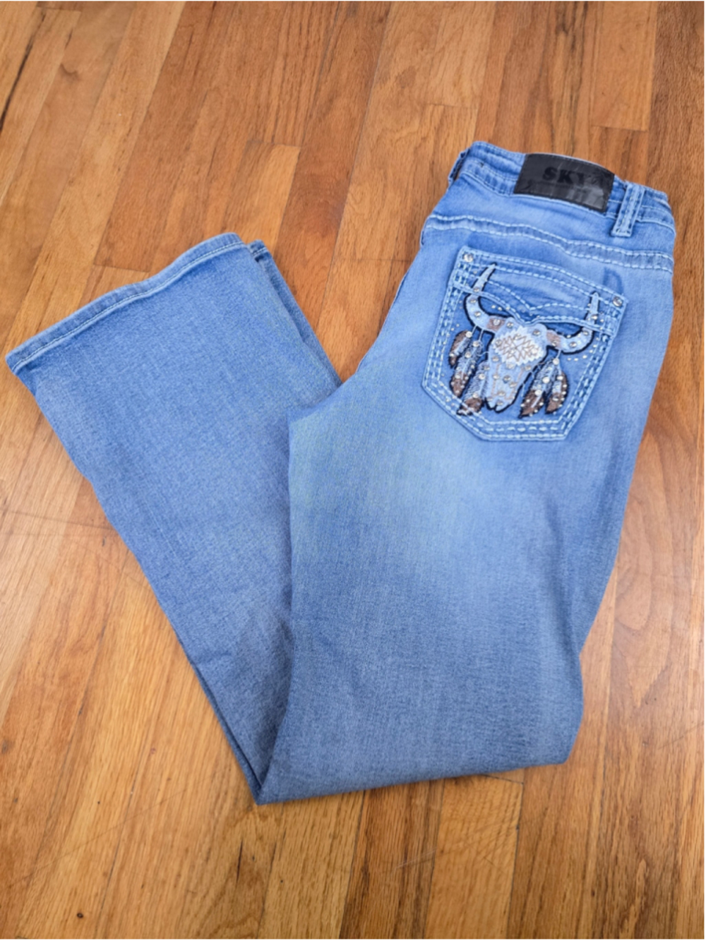 Women's Sky Flare Jeans Size 15 Blue Brown Embellished Pockets